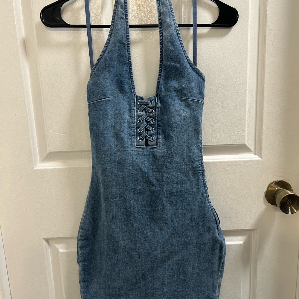 Divided Blue Denim Lace-Up Halter
